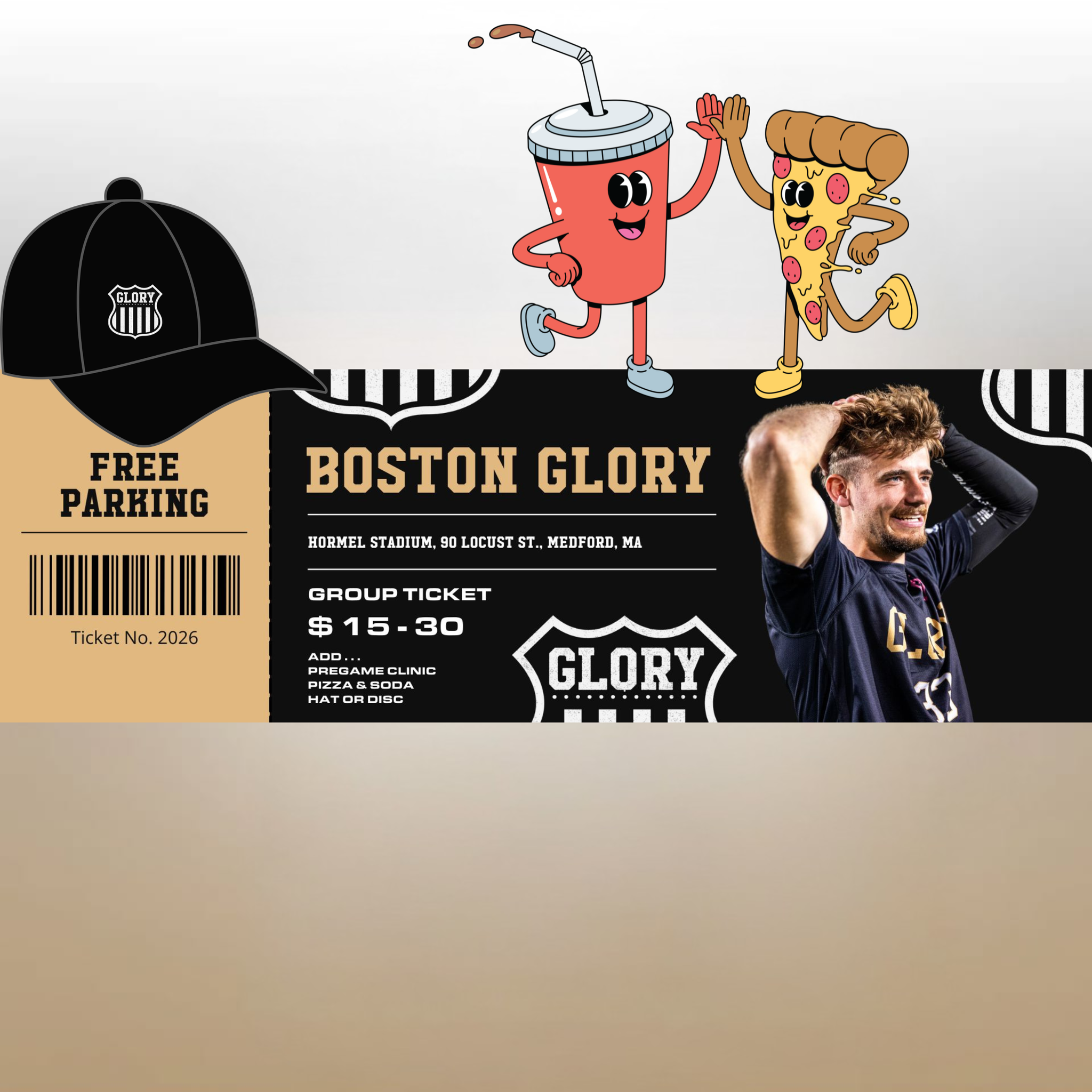 2026 Group Tickets, pizza and soda, Glory hat OR disc $30 each (10-19 People)